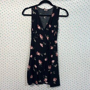 C.T. Studio Vintage 2000's Black & Pink Floral V-Neck Sleeveless Wrap Dress